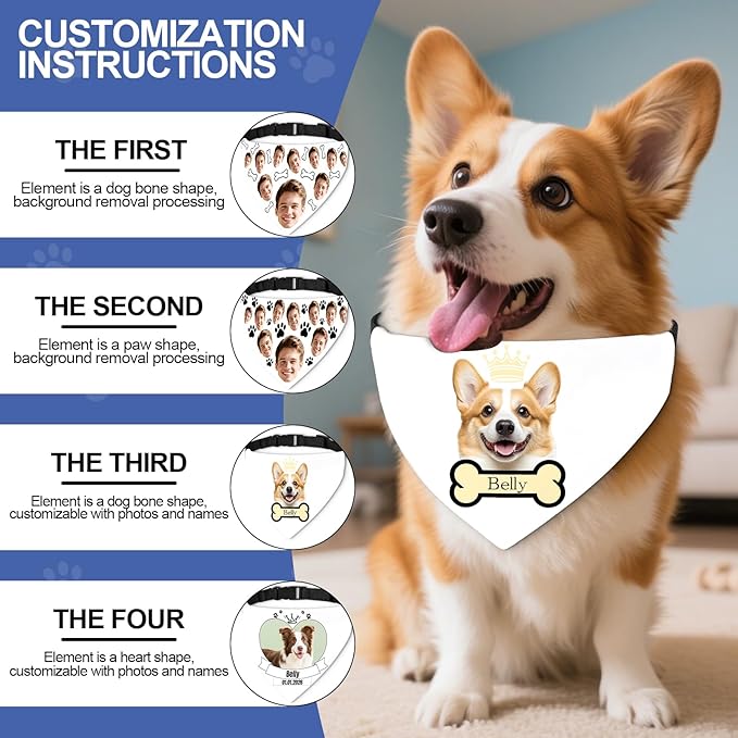Funny Personalized Dog Bandana Custom Face Design, Custom Dog Bandana with Name, Pet Scarf for Small Medium Large Dogs Personalized Pet Accessories (Funny Style, Large)