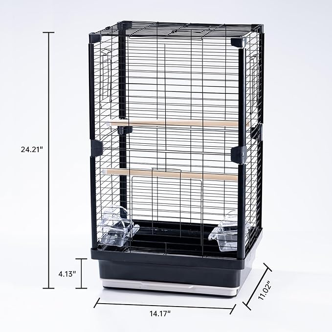 25 inch Bird Cage, Portable Travel Parrot Cage, Double-Layer Parakeet Cage, for Temporary Pet Accommodation, Trip to Vet, Short Trip, Camping, Black