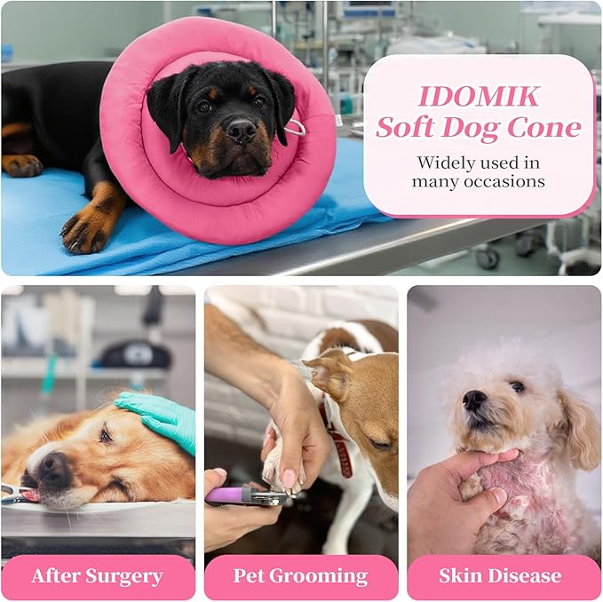 IDOMIK Dog Recovery Collar, Waterproof Soft Dog Cone After Surgery, Comfy Protective Elizabethan Collar Alternative for Dogs Cats, Adjustable Pet Neck Donut Cone Anti-Licking Biting Wounds,RoseRed,3XL