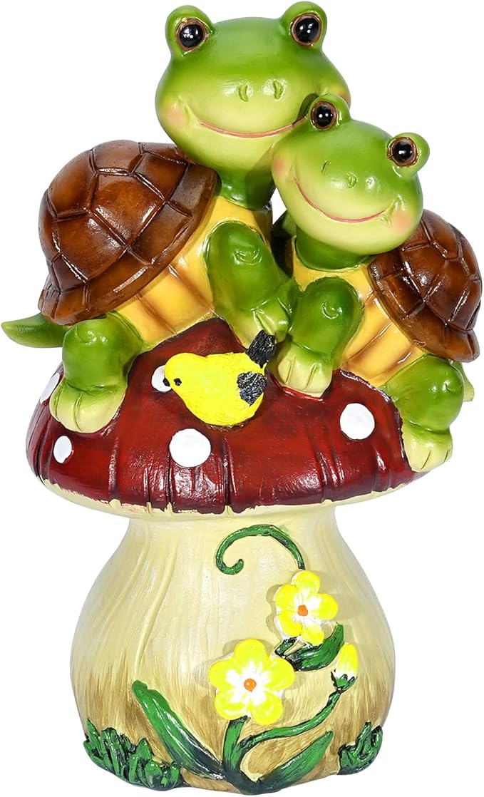 Solar Light Turtle Garden Statue, Turtle on Mushroom Figurine, Lovely Tortoise Garden Statue with 5 LED Lights for Patio, Balcony, Yard, Housewarming, Outdoor Lawn Ornament, Valentines Day Decorations