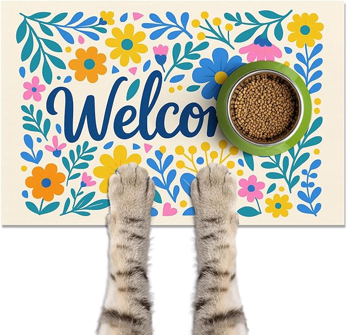 Spring Pet Feeding Mat 24" x 16" Colorful Welcome Floral Design Non Slip Dog and Cat Bowl Mat Easy Clean Pet Food Mats Fast Dry Cat Feeding Mats for Indoor Cats Absorbable Pet Food Pad