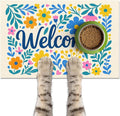 Spring Pet Feeding Mat 24" x 16" Colorful Welcome Floral Design Non Slip Dog and Cat Bowl Mat Easy Clean Pet Food Mats Fast Dry Cat Feeding Mats for Indoor Cats Absorbable Pet Food Pad