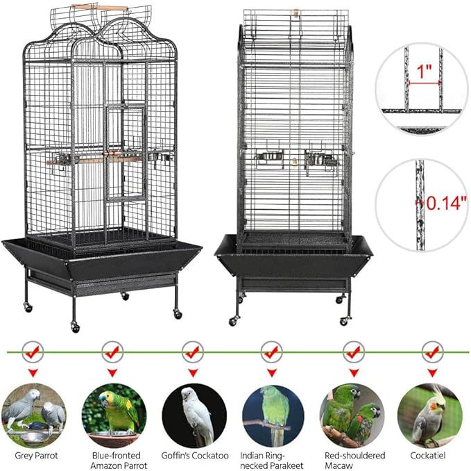 Yaheetech 63'' Bird Cage with Stand Wrought Iron Rolling Open Play Top Large Bird Cage for Mini Macaw African Grey Amazon Parrot