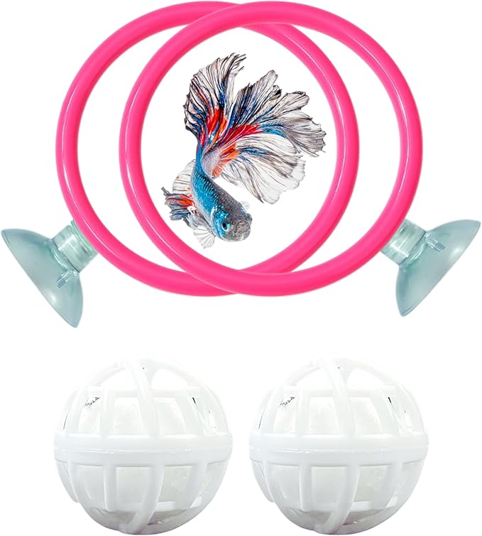 Betta Ring Enrichment Toys with Filter Ball set, Turtle Water Cleaner Ball, Aquarium Feeding Ring with Nitrifying Balls, Betta Fish Toy, Aquatic Turtle Enrichment Toy, Tortoise Supplies (Pink, M-70mm)