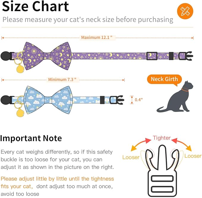 2 Pack Cotton Cat Collar with Bow Tie and Bell for Girl Boy Cats,Cute Pink Flamingo and Blue Whale Pattern Spring Summer Breakaway Cat Collar for Male Female Cats (Moon&Cloud)
