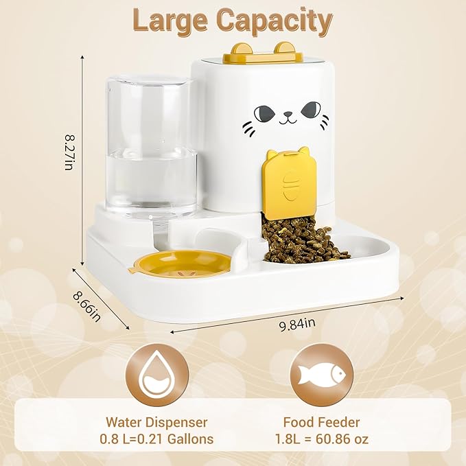2-in-1 Gravity Pet Feeder & Water Dispenser for Cats Dogs - Large Capacity Cat Food Station with Water Bowl, Travel-Friendly (Yellow)