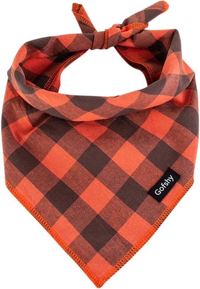 Dog Bandana Fall XLarge-Orange Brown Dog Scarf Buffalo Plaid Printing Adjustable Bib Handkerchief Accessories for Large Dogs (XL)