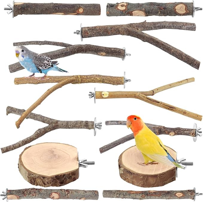 12PCS Natural Wood Bird Perches for Cage, Parrot Perch Stand & Platform, Bird Cage Accessories - Multi-Size Perches for Parakeets, Cockatiels, Conures, Lovebirds