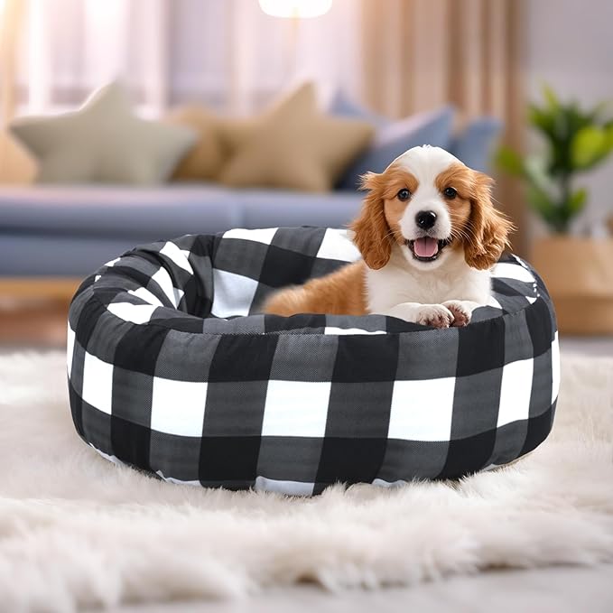 Round Dog Bed Cover Washable Elastic Edged Pet Bed Protector with Black Lattice Pattern Design for Medium & Small Pet Beds, Cover Only (Lattice, 20×9.8 Inch)