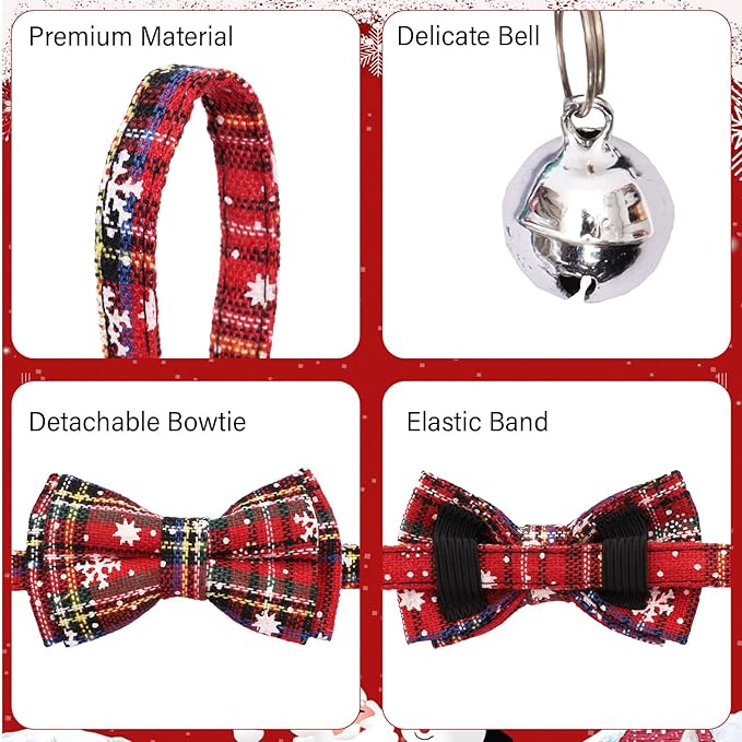 10 Pcs Christmas Cat Collar Breakaway with Bow Tie and Bell Kitten Collars Removable Bowtie Plaid Cat Collar for Cats Kittens Puppy Christmas Supplies