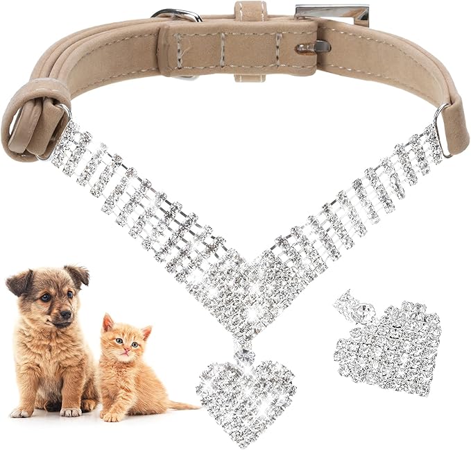 EXPAWLORER Cute Dog Necklace - Rhinestone Dog Collar, Soft Velvet Collar for Girl Boy Cats Dogs, Sparkling Pet Neck Decoration, Adjustable Pet Collar for Puppies Cats Small Medium Dogs, Brown S
