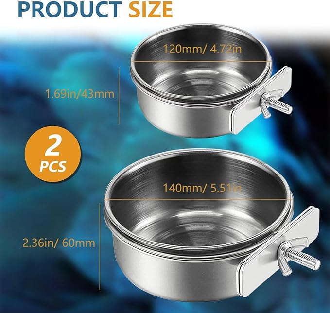 2Pcs Stainless Steel Bird Feeding Bowls, Small Bird Feeding Cup, Stainless Steel Parrot Food Bowl Cage with Holder, Parrot Cage Water Feeder, Pet Cage Cup Holder (Dia 4.72", 5.51",)