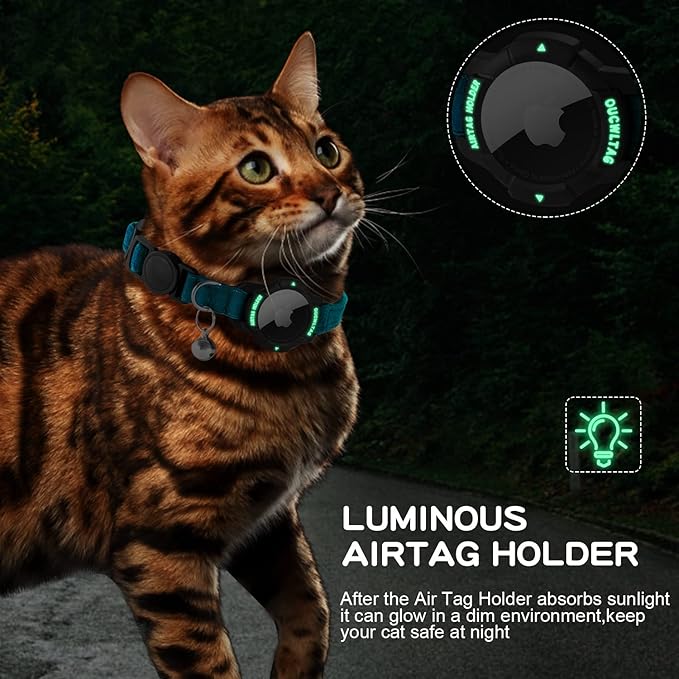 Luminous AirTag Cat Collar Breakaway, OUCWLTAG GPS Cat Collar with Apple Air Tag Holder, Cat Tracker Collars with Safety Elastic Band for Girl Boy Cats, Kittens and Puppies (Blue, 7-10 Inch)