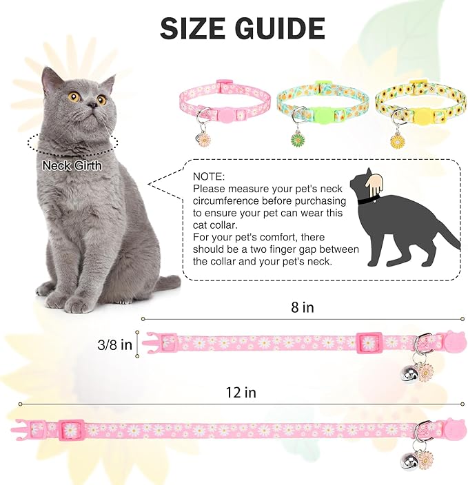 Cat Collars for Girl Cats, 3 Pack Spring Flower Cat Collars Breakaway with Bell for Outdoor Indoor Kitten, Cute Collar with Safety Buckle Adjustable 8"-12" for Kitty Puppy Small Pets, Floral