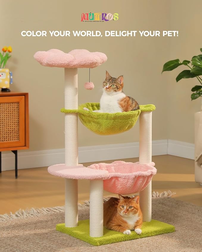 Flower Cat Tree with 2 Large Hammocks, 37.4" Small Cat Tower for Indoor Kitty with 6 Scratching Posts, Cute Cat Tree with Flower Top Perch, Pink