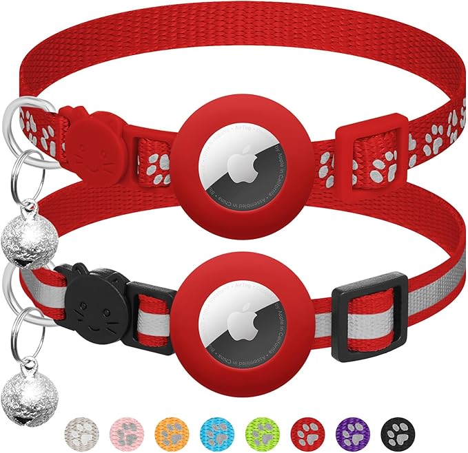 2 Pack Airtag Cat Collar Breakaway with Bell,Reflective Kitten Collar with Apple Airtag Cat Collar Holder,Adjustable 7-12In,Safety Buckle for Girl Boy Cats,Pet Supplies,Accessories,Gifts (Red)