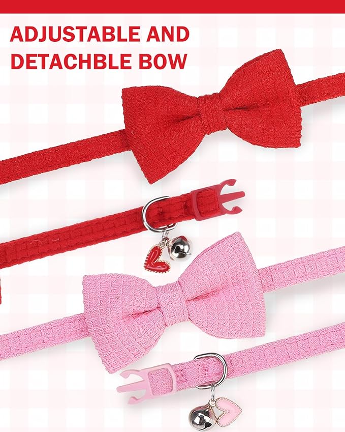 Cat Collar Breakaway with Bells, Soft Cotton Pink Cat Bowtie Collar for Girl Cats, Small Cats Collar with Bow for Spring Summer, 2 Pack Cute Kitten Collars with Removable Bowtie 8-12Inch