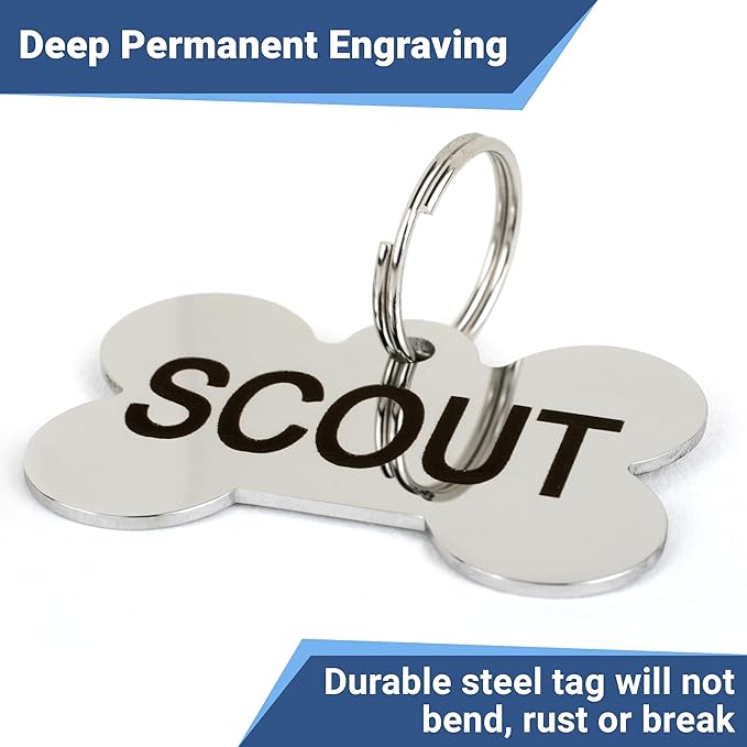 GoTags Stainless Steel Pet ID Tags, Personalized Dog Tags and Cat Tags, up to 8 Lines of Custom Text, Engraved on Both Sides, in Bone, Round, Heart, Bowtie and More (Rectangle, Small (Pack of 1))