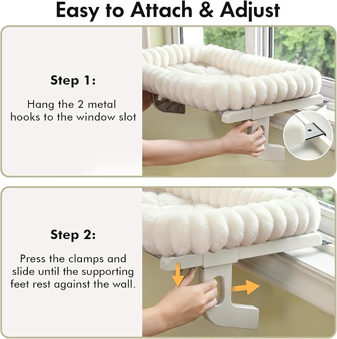 Cloud-Cuddle Cat Window Perch with 4-Sided Bolster, Zipper Design Cushion Window Seat for Window Sill, Sturdy Metal Frame & Easy Assembly Pet Hammock Bed for Indoor Cats (White, Large)