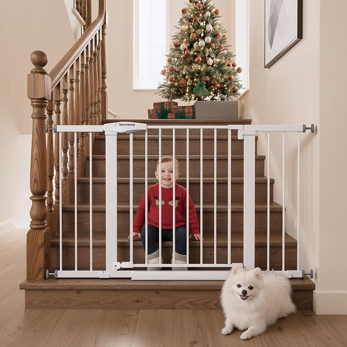 Mumeasy 29.7–48" Baby Gate for Stairs, Dog Gate for Doorways, Auto Close Child Gate, Indoor Safety Pet Gate with Walk Thru Door, Easy Install Pressure Mounted Extra Wide Gate for Kitchen, House,White