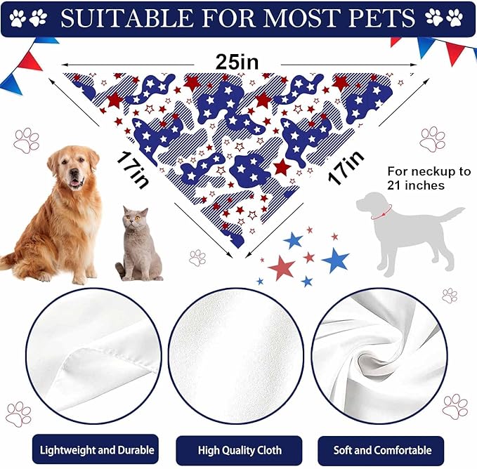 4th of July Dog Bandanas, 2 Pack Reversible USA Patriotic Bandana for Boy and Girl, Premium Durable Fabric, American Flag Pet Scarf for Small Medium Large and Extra Large Dogs