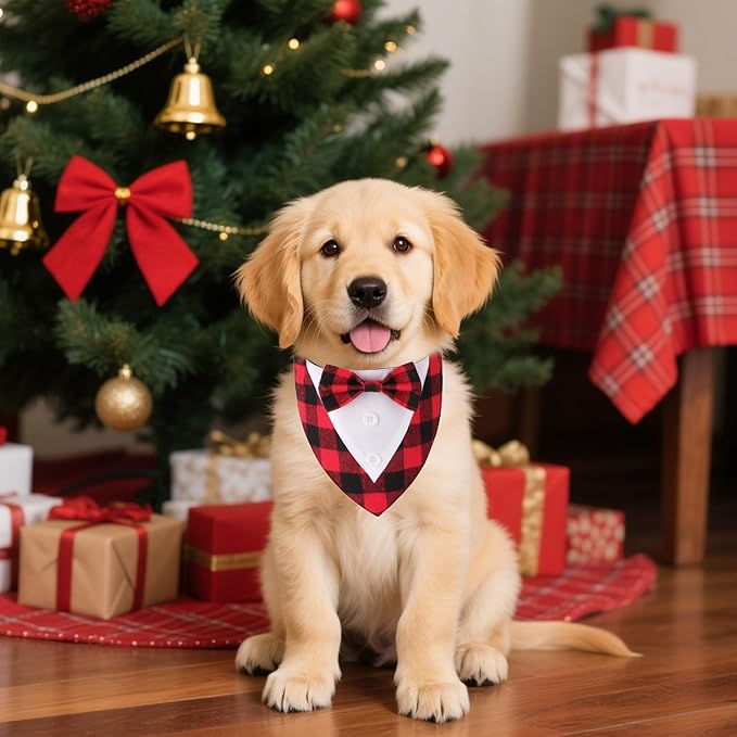 ADOGGYGO Christmas Dog Tuxedo Bandana, Red Plaid Xmas Pet Bowtie Collar, Adjustable Christmas Costumes for Extra Small Dogs (XS)