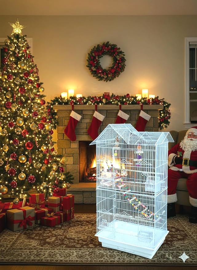 38-Inch Double Roof Top Large Flight Bird House Cage with Toys & Climbing Ladder for Cockatiels Parakeets Aviary Budgie Finch Lovebird Canary Pet Bird Travel Cage Side Nest Box Doors
