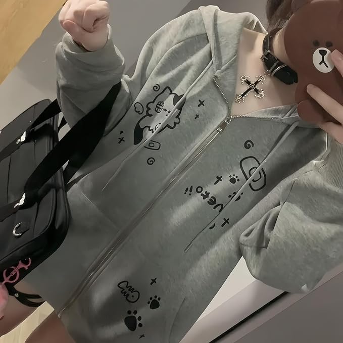 Womens Y2K Zip Up Cute Graphic Hoodies Cat Ears Casual Cartoon Harajuku Kawaii Clothes Oversize Streetwear Jacket
