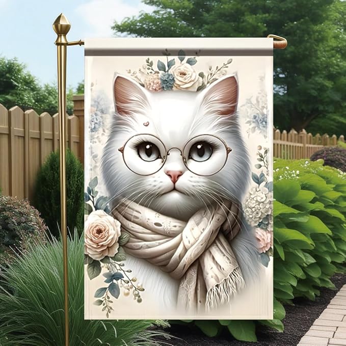 Cat Garden Flag 12x18 Inch Double Sided Outdoor Yard Banner White Cat with Glasses and Scarf Floral Design for Spring Summer Patio Porch Lawn Decoration