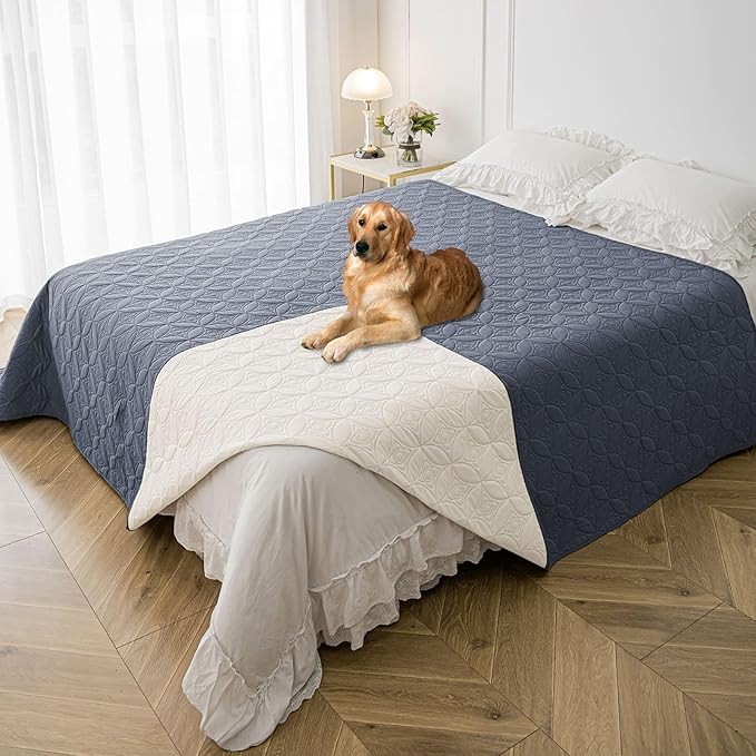 Waterproof Dog Blanket, 82x102 inches Pet Couch Covers for Sofa, Bed Furniture Protector from Dogs Washable and Reversible-Blue+Cream
