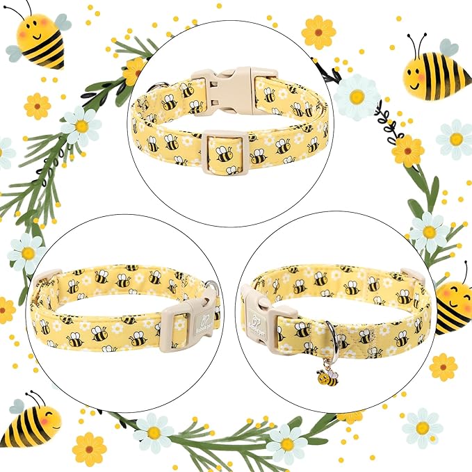 Bee & Daisy Dog Collar for Medium Dogs - Spring/Summer Cartoon Yellow Dog Collars, Lightweight Adjustable Male Female Dogs Collars with Quick Release Buckle M