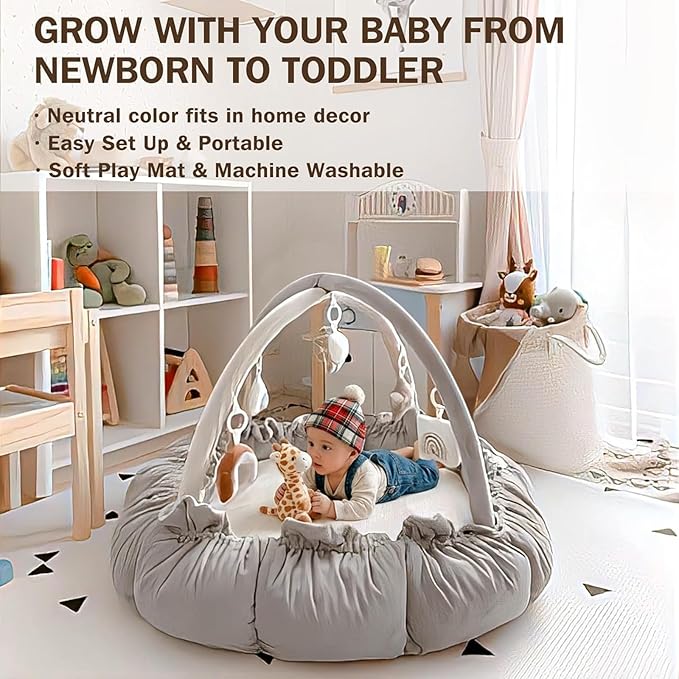 Little Dove 5-in-1 Convertible Baby Play Gym with 6 Toys, Tummy Time Mat for Sensory Development, Baby Activity Center from Newborn to Toddler, Ball Pit, Soft Plush Pet Mat, No Ball Included Grey