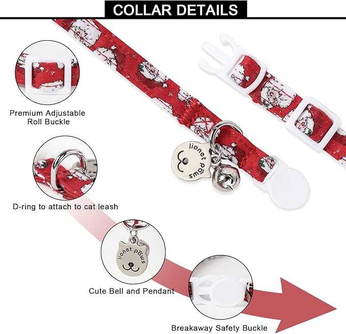Lionet Paws 2pcs Pack Cotton Cat Collar,Breakaway Buckle Christmas Cat Colar with Santa,Red Green Grid Cute Adjustable Cat Kitten Collar,Ideal for Girl Cats Boy Cats
