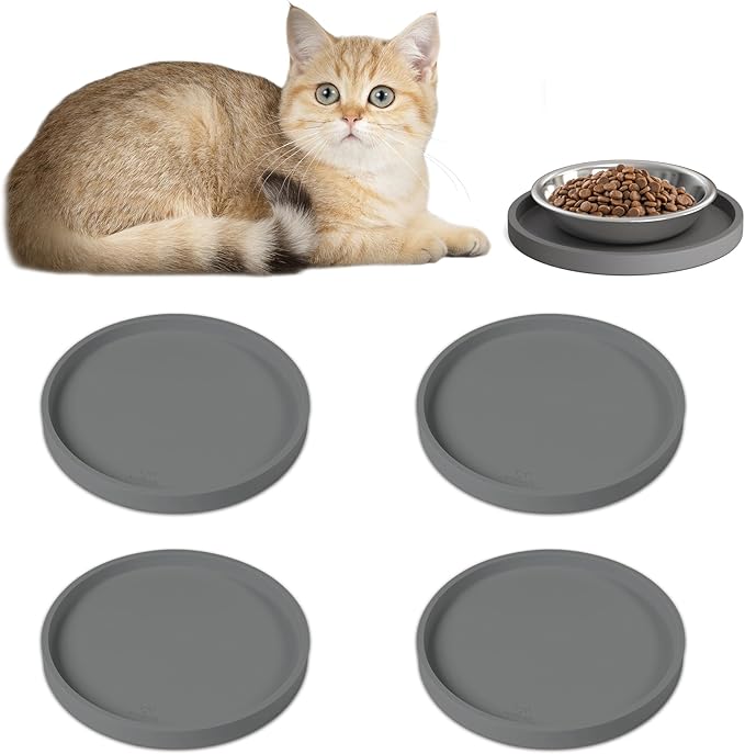 Arespark Pet Silicone Food Mat, Set of 4 Nonslip Waterproof Feeding Bowl Mat with Raised Edges for Food and Water Prevent Spills, Round Eating Tray for Dog Cat Puppy Kitten, 6'' x 6''