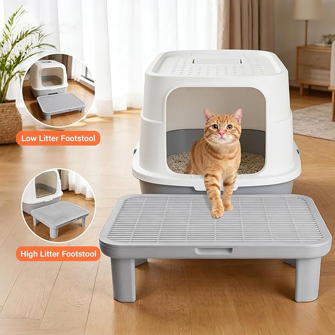 Adjustable Cat Step Ramp, Double Layer Litter Box Step with Filter Function, Replaceable Feet, Elevated Litter Box Ramp for Elderly Cats Easy Cleaning Cat Catcher for Floor Indoor (Grey)