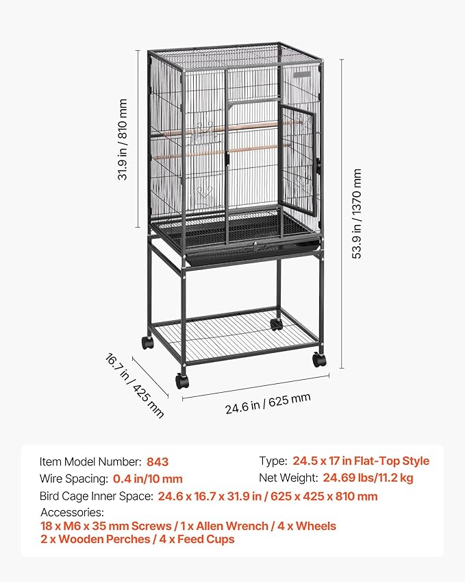 VEVOR Bird Cage, 24.6 x 16.7 x 53.9 inch, Flat Top, Wrought Iron Bird Flight Cage with Perches, Slide-Out Tray and Plastic Feeders, Casters, for Parrot, Blue Tit, Cockatiel, Canary, Budgerigar, Conure