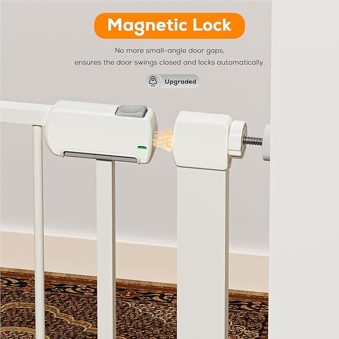 29.5-46" Magnetic Baby Gate for Stairs, Baby Safety Essentials, Auto Close Gate for Doorways, Easy Install Pressure Mounted Dog Gate Indoor, Pet Gates for Dogs, White (2 Pack)