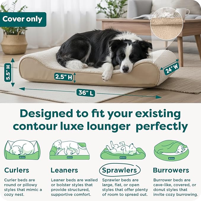 FurHaven Replacement Dog Bed Cover, Contour Luxe Lounger Design, Soft & Breathable Fabric for Cozy Comfort, Machine Washable, Large, Ultra Plush Faux Fur & Suede, Cream