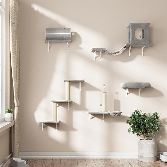 7-in-1 Cat Wall Shelves, Wall Mounted Cat Climber Set, Cat Furniture with House, Tunnel, Bridge, Steps, Scratcher, Hammock, Shelves for Indoor, Gray