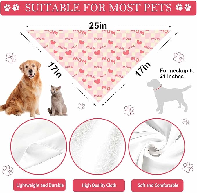 Mother Day Dog Bandanas, I Love Mom Dog Scarf, Accessories for Medium Large Dogs
