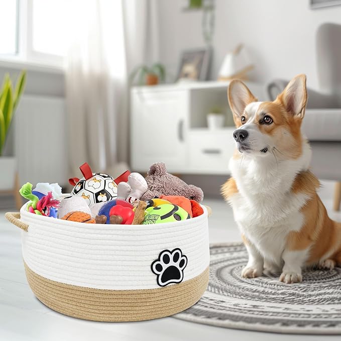 Dog Toy Basket,Large Dog Toy Storage Woven Rope Basket ,Dog Toy Bin with Comfortable Handles,for Dog Cat Storage Organizer,Blanket & Leash Storage,Toys,White & Brown
