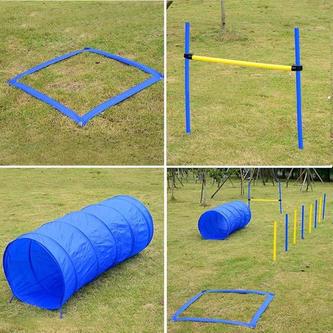 PAWISE Dog Agility Training Equipment, Complete Dog Obstacle Course Kit with Agility Tunnel, Adjustable Hurdle, Weave Poles & Pause Box, Outdoor Dogg Training Set for Backyard & Agility Sports