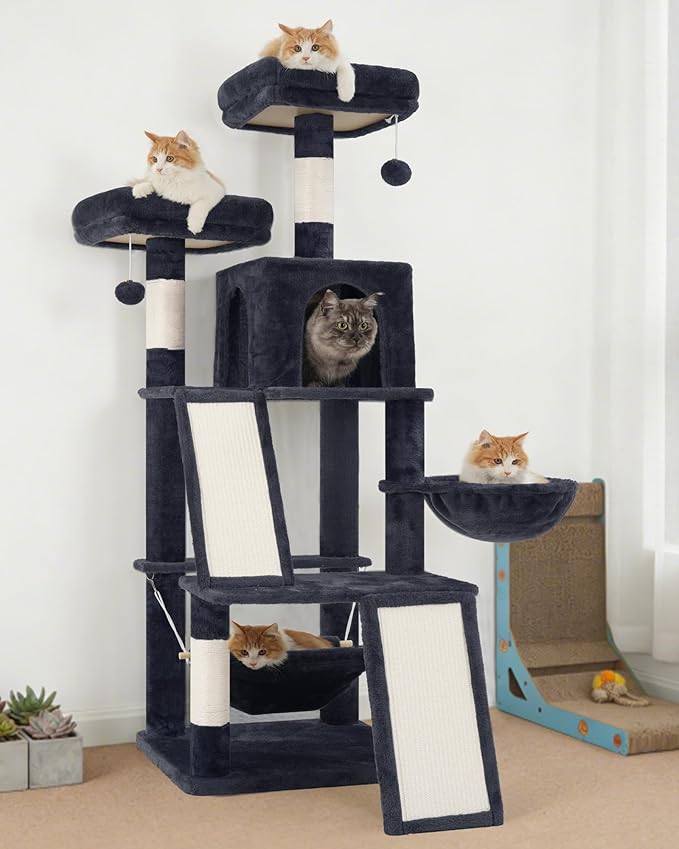 Multi-Level Cat Tree for Indoor Cats, Cat Tower with 2 Scratching Boards, 2 Plush Padding Platforms, Cat Condo House with Hammock, Basket, Smoky Gray GCT022G