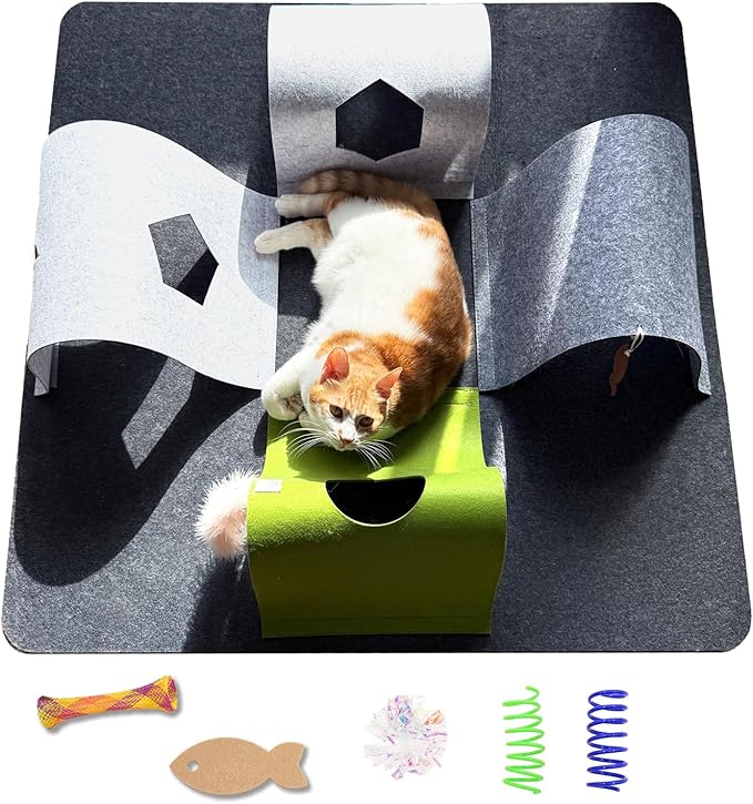 Interactive Cat Tunnel Toys for Indoor Cats,4-Way Felt Cat Tunnel Play Mat with Feathers & Bell 6 Pcs Cats Enrichment Toys Set Foldable Kittens Cave Hideout for Pet Hide & Seek (Dark Gray)