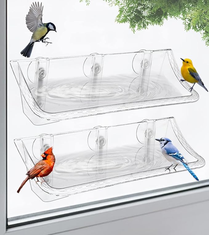 Clear Window Mounted Bird Feeder Bath with Strong Suction Cups for Outside, Transparent Glass Birdfeeder Birdbath for Cats, Kids, Elderly Viewing, 2 Pack