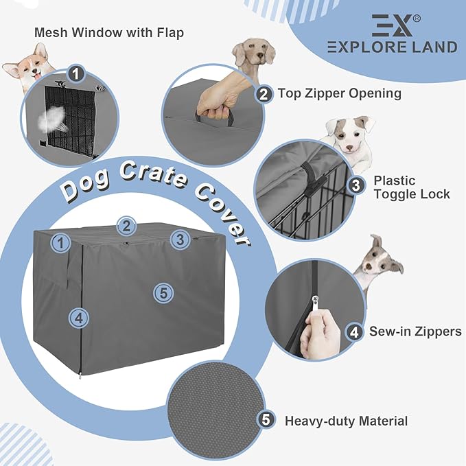 Explore Land Dog Crate Cover Heavy Duty Polyester Pet Kennel Sunshade Universal Fit for 42 inches Wire Cage (Grey)