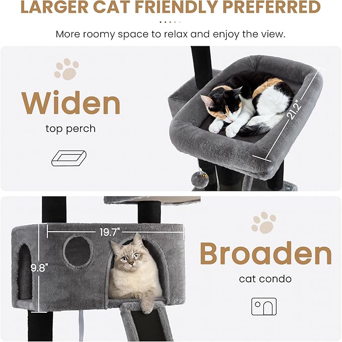 SHA CERLIN 65in Larger Cat Tree Tower Condo for Indoor Kitties/Multi-Level Furniture Activity Center with Wide Base/Cozy Plush Perches/Baskets/Sisal Scratching Posts and Hammock/Black & Grey