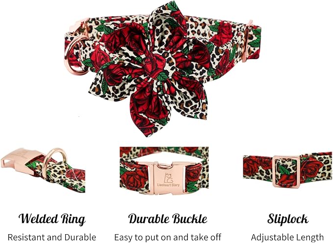 Lionheart Glory Dog Collar, Red Rose Dog Collar with Flower, Cute Floral Pattern Pet Collar Adjustable Dog Collar for Large Dogs