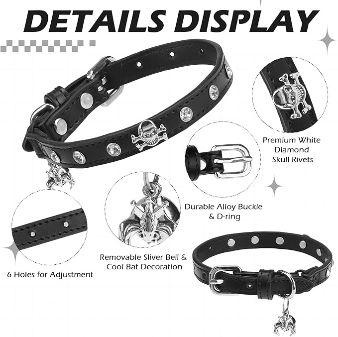 EXPAWLORER Cat Collar for Girl Boy Cats- Adjustable Leather Pet Collar with Safety Elastic Belt,Personalized Punk Accessories Buckle Collars with Bell & Durable D-Ring,White Diamond Skull