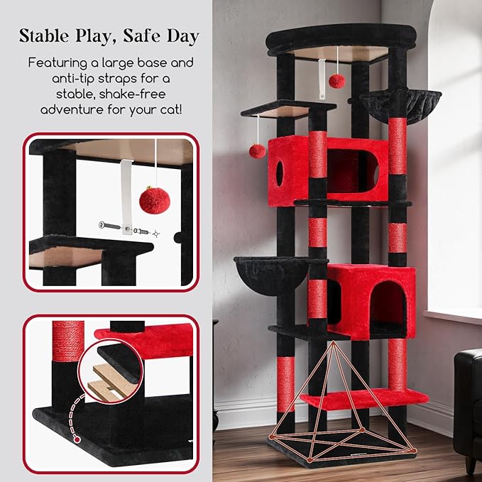 Globlazer Gothic Heavy Duty Cat Tree, 74in Sturdy Goth Cat Tower for Large Cats Adult Big Cat Tree with 7 Scratching Posts, 2 Padded Spacious Condos, 2 Hanging Baskets, Enlarged Perch, S74, Red Black